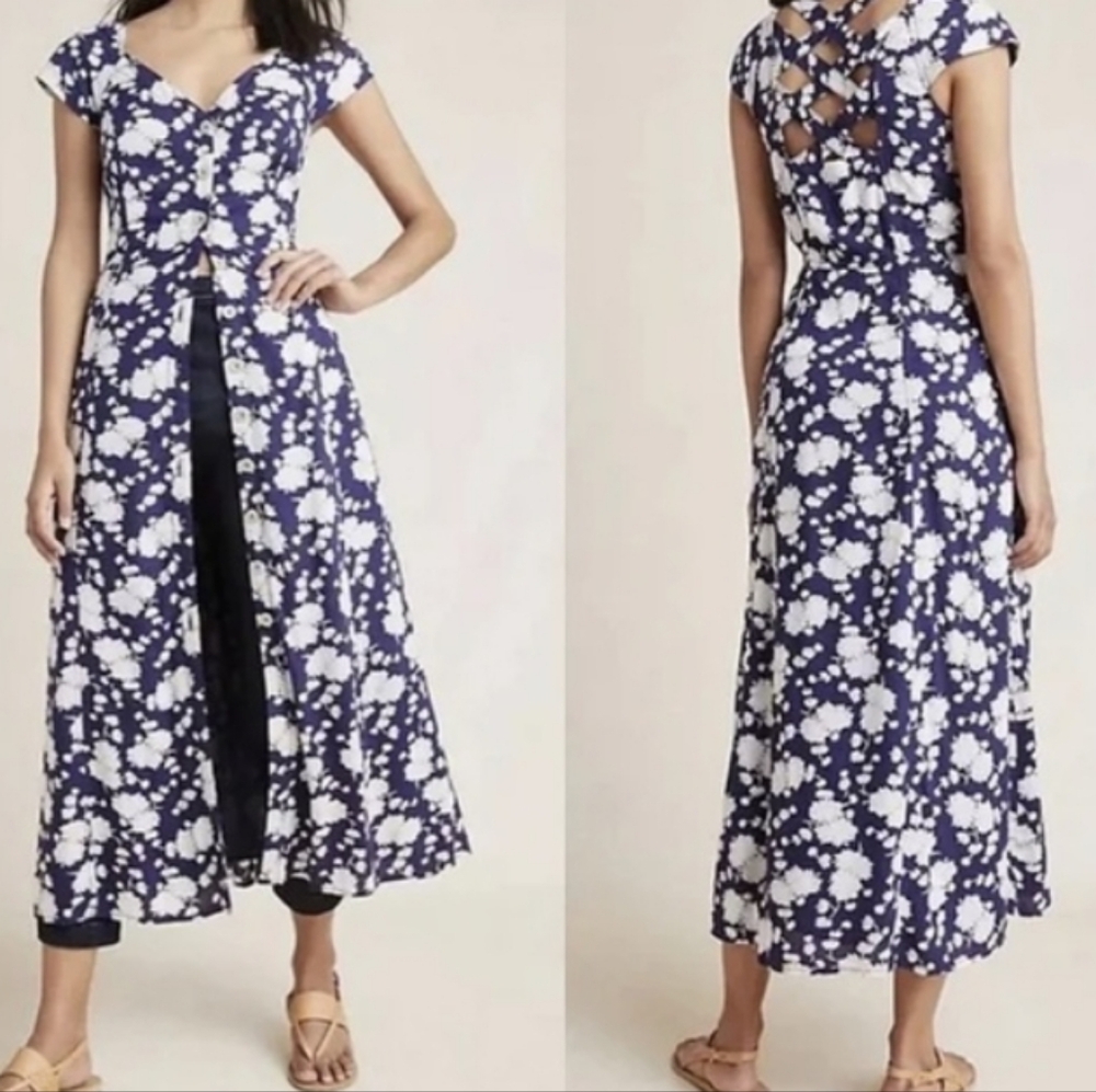 Maeve by Anthropologie Blue White Floral Button Front Dress Like New Size 4